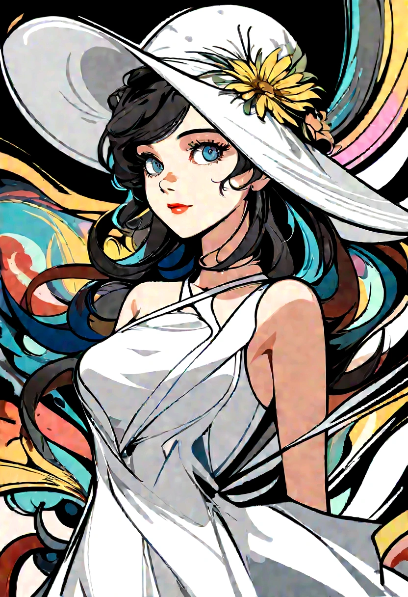 There was a woman wearing a white hat and a white dress.., elegant digital painting, colorful digital painting, Works in the style of Guviz, wind jerky illustration, beautiful digital painting, digital drawing styles, beautiful digital painting, Bowwater(Bowater)art style, high quality digital painting, beautiful character drawings, digital drawing styles, digital drawing styles