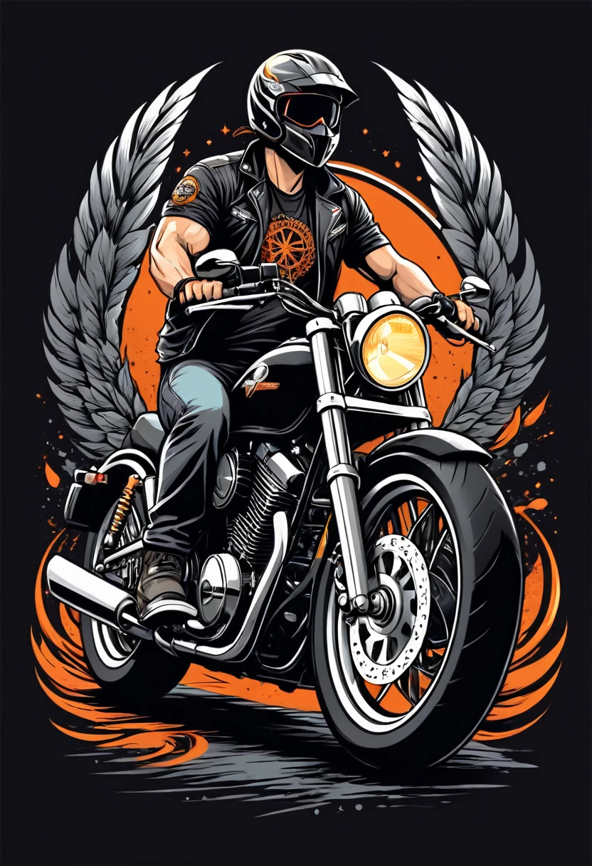 breathtaking biker, t shirt design, flat-colors, vector, ((black backdrop)) . awardwinning, proffesional, highy detailed