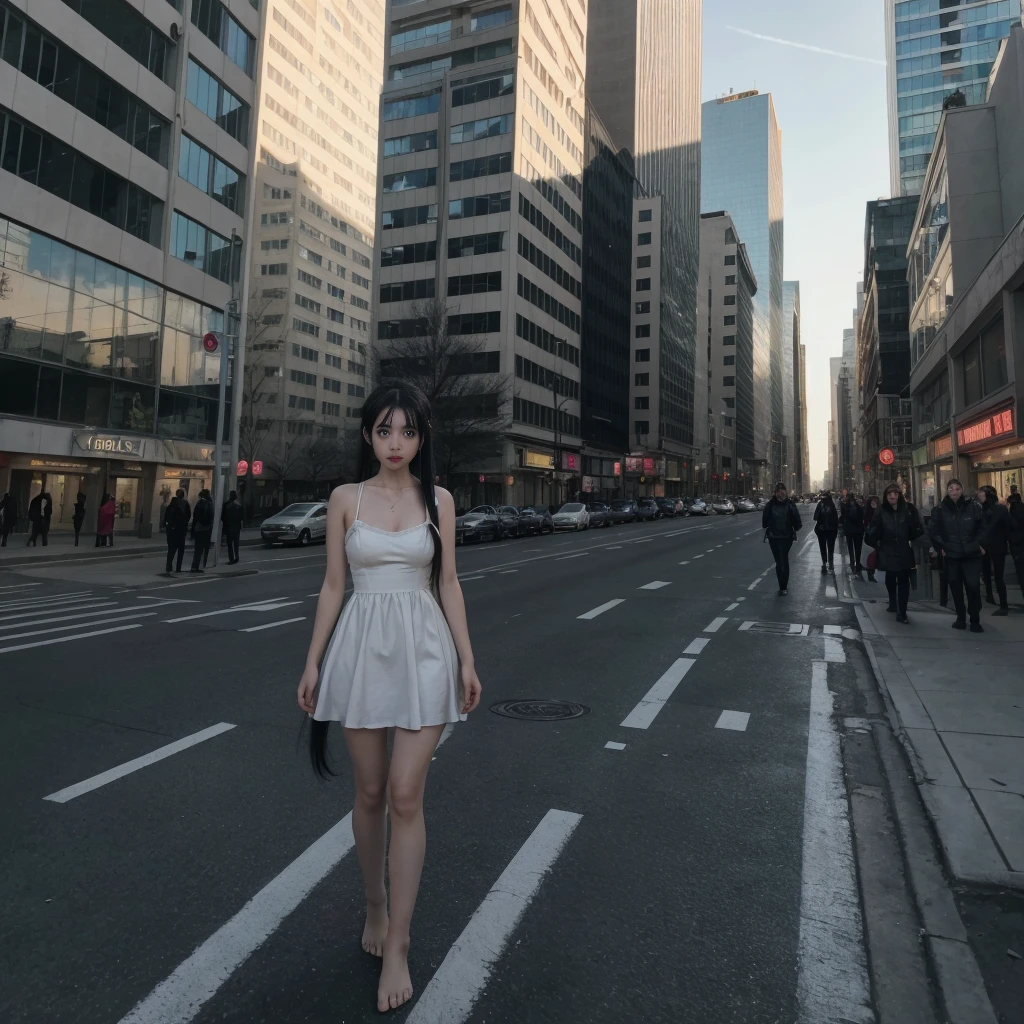 a girl in a white dress, black stockings, barefoot with ponytails with long black hair, stands in the middle of the city in a post-apocalyst style