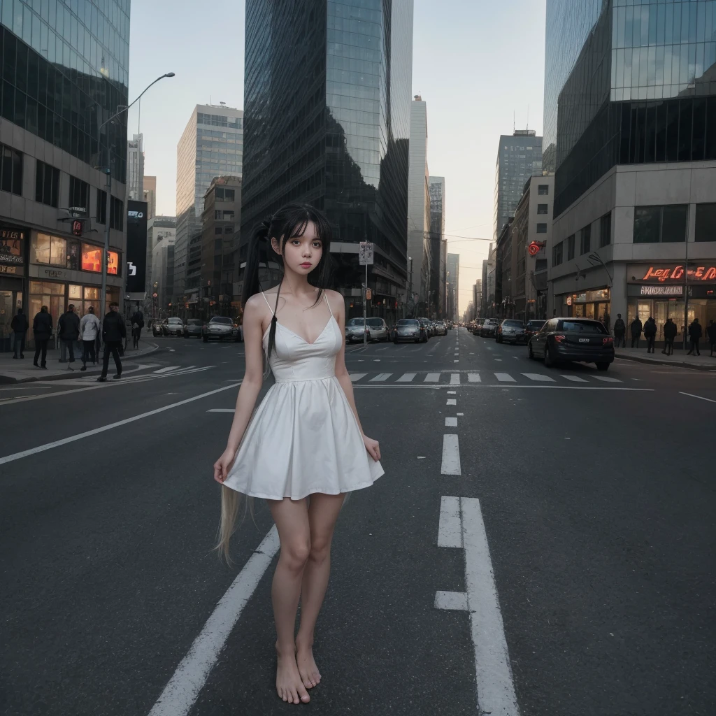 a girl in a white dress, black stockings, barefoot with ponytails with long black hair, stands in the middle of the city in a post-apocalyst style