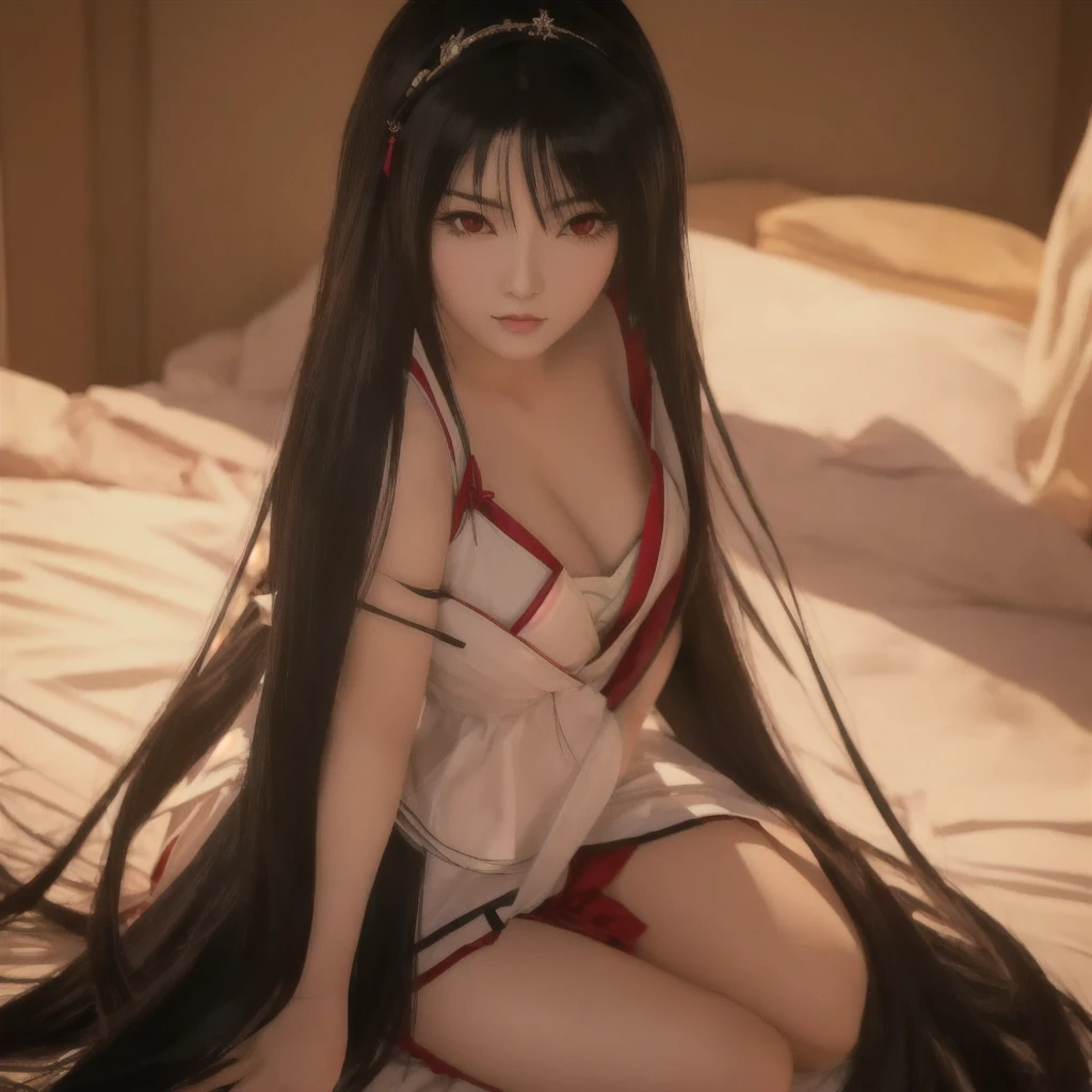 Alafed asian woman with long black hair sitting on bed, Enchanting anime girl, anime girl Cosplay, Japanese Goddess, Captivating portrait of Tifa Lockhart, Anime characters; Full Body Art, Anime girl crouching, Tohsaka Rin, Cosplay, Trending on cgstation, nezuko-chan, Anime Goddess, Trending on cgstation