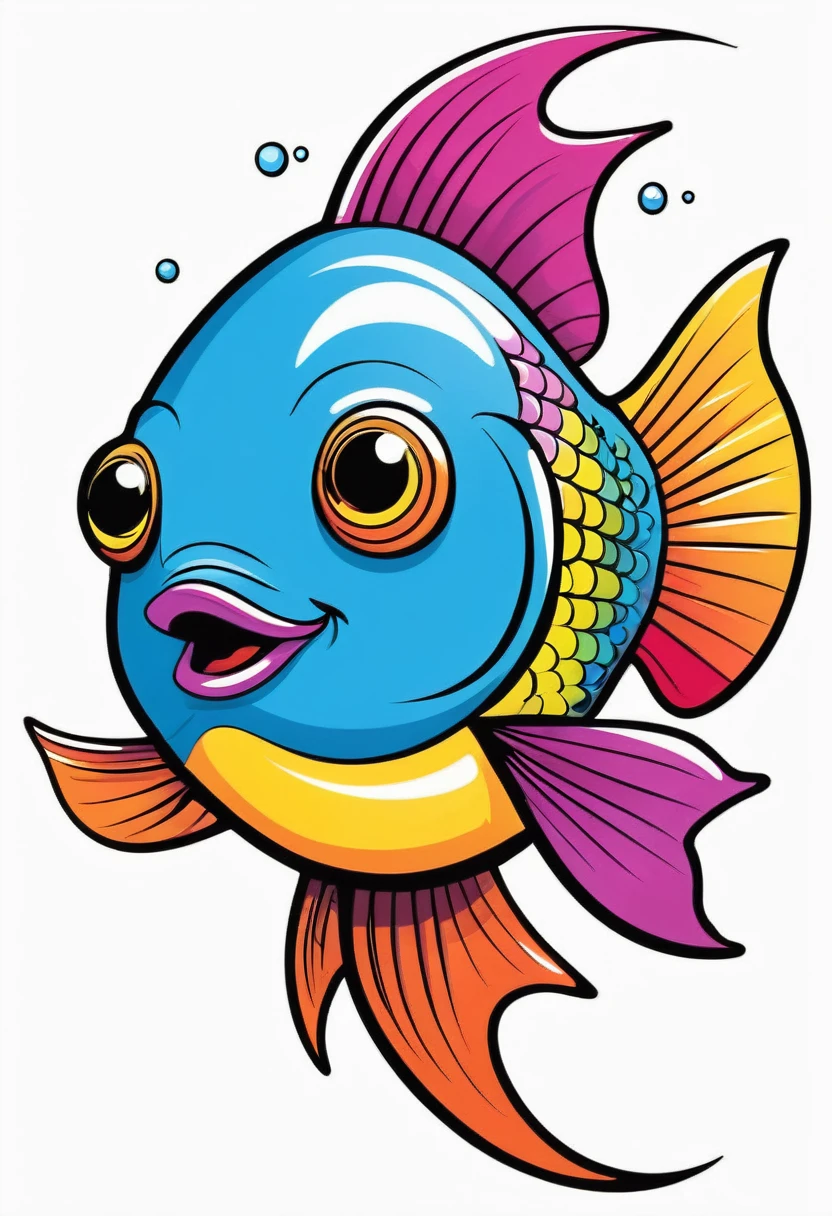 happy multicolored fish, Simplified Graffiti-Street Art style, outline, vector, white background