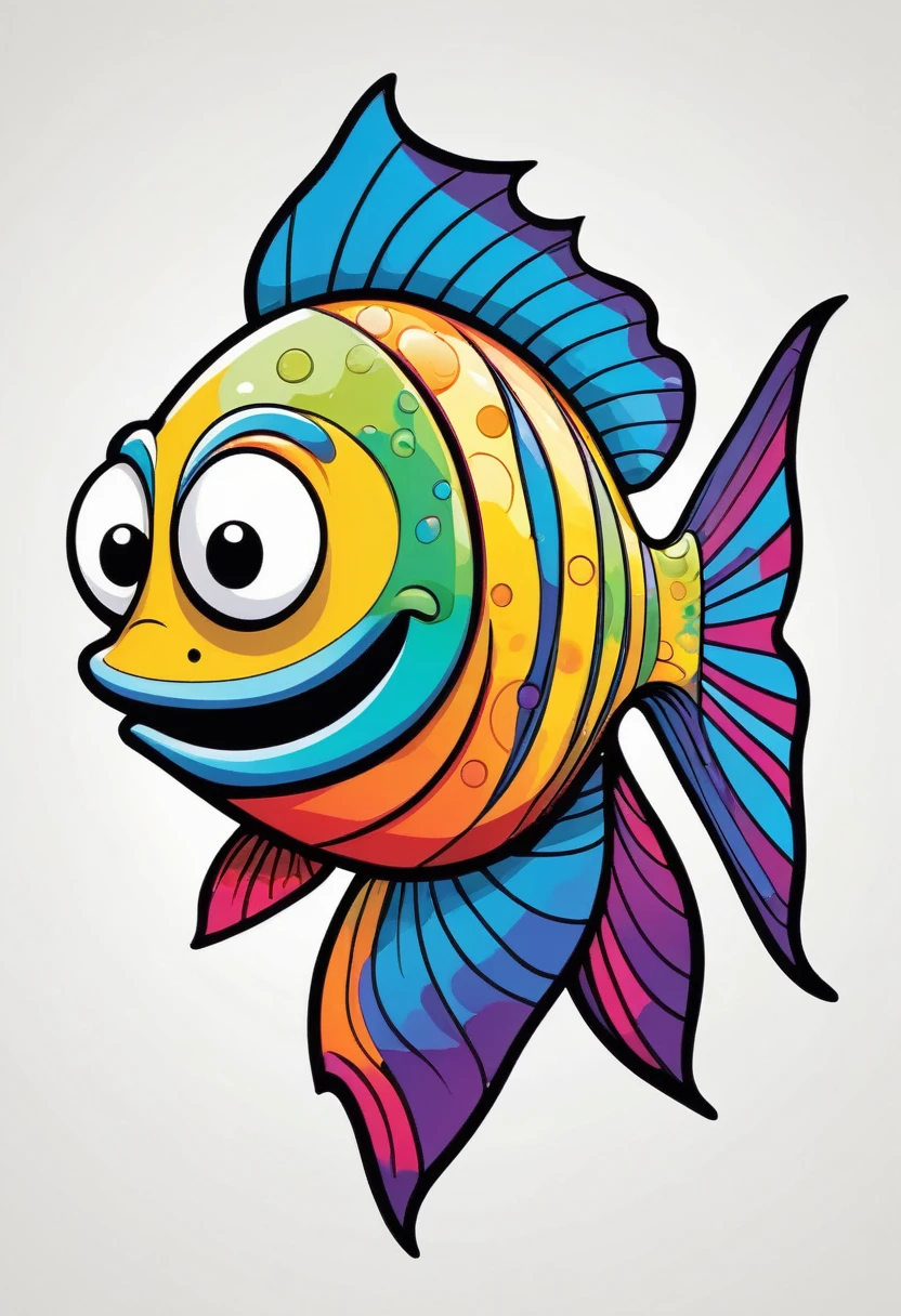 happy multicolored fish, Simplified Graffiti-Street Art style, outline, vector, white background