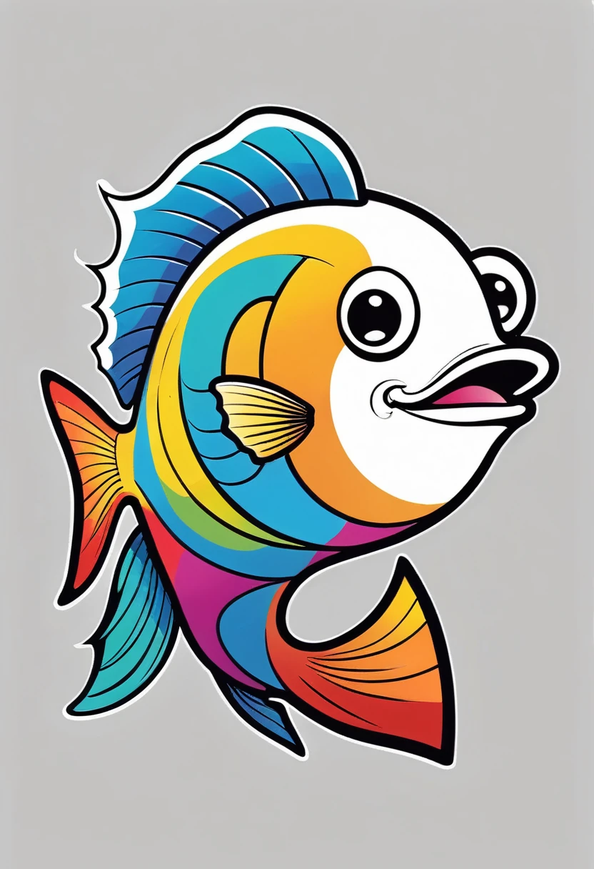 happy multicolored fish, Simplified Graffiti-Street Art style, outline, vector, white background