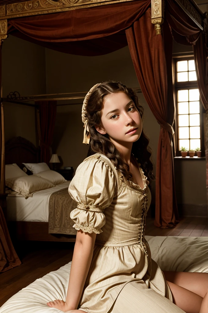 Renaissance style bedroom, girl wakes up suddenly and be stunned sitting in the bed