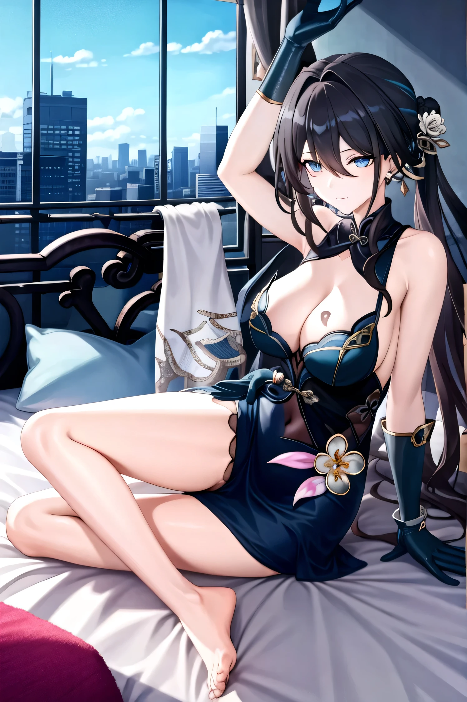 RUANMEI,Bangs,Long hair,skirt,Gloves,Hair between the eyes,Jewelry,Hair accessories,blue eyes,Black Hair,flower,black Gloves,blue skirt,indoors,bedroom,on the bed,A faint smile, 1 Girl,
, (masterpiece,best quality:1.2),absurd,whole body,Long legs,pretty feet,Bare legs,sexy,spread the legs,tall