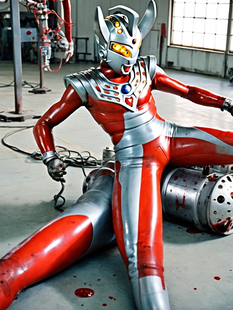 Aerial view, , auction hall, photo realistic, 35mm films, ultrares, 4k, gay, bara, NSFW, Ultraman Taro, Aerial view, A huge metal platform in a huge hangar, A huge Ultraman Taro lies there in cardiac arrest, Tiny human scientists have cut off his red rubber costume, leaving only his lower body naked, Tall and thin, with a long and thin neck and limbs, Pale skin, Hairy, Small penis, Tubes attached to his penis, Tubes stuck in a cracked Color Timer, Dull grey eyes, The beam lamp on his forehead is also grey, His helmet is full of cracks, Blood is flowing from his mouth, His head is tilted helplessly, His arms and legs are broken, Many tiny scientists are sticking many cables into him and connecting him to machines,