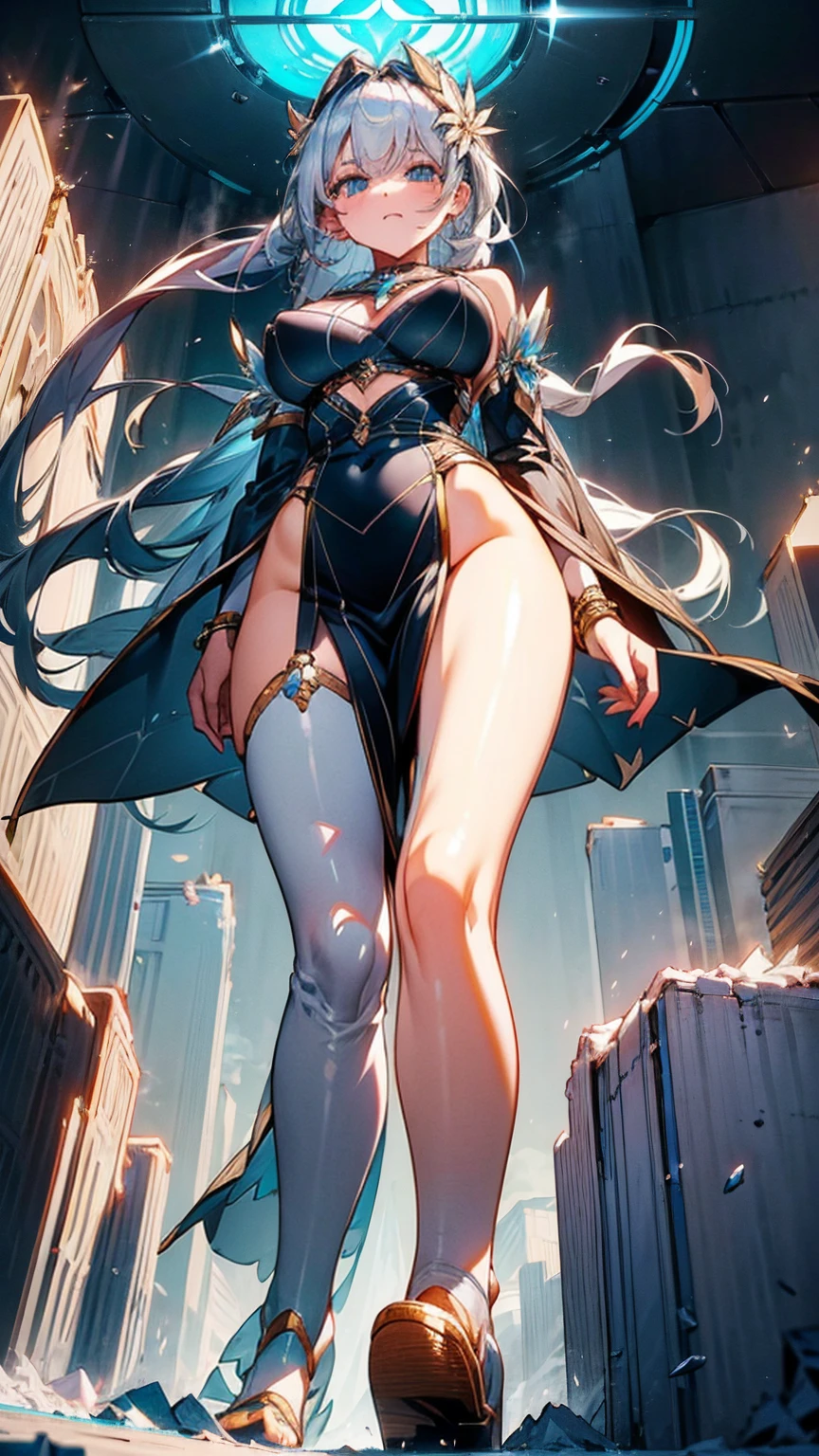 The Giantess Goddess with cobalt blue skin and silver eyes steps onto a massive suspension bridge. Her hair, a cascade of blue lightning, brushes against the cables, melting them instantly. Normal-sized commuters are flung into the air as her immense feet crush the bridge deck. She scoops up terrified people, pressing them against her electric curves, their struggles ampl