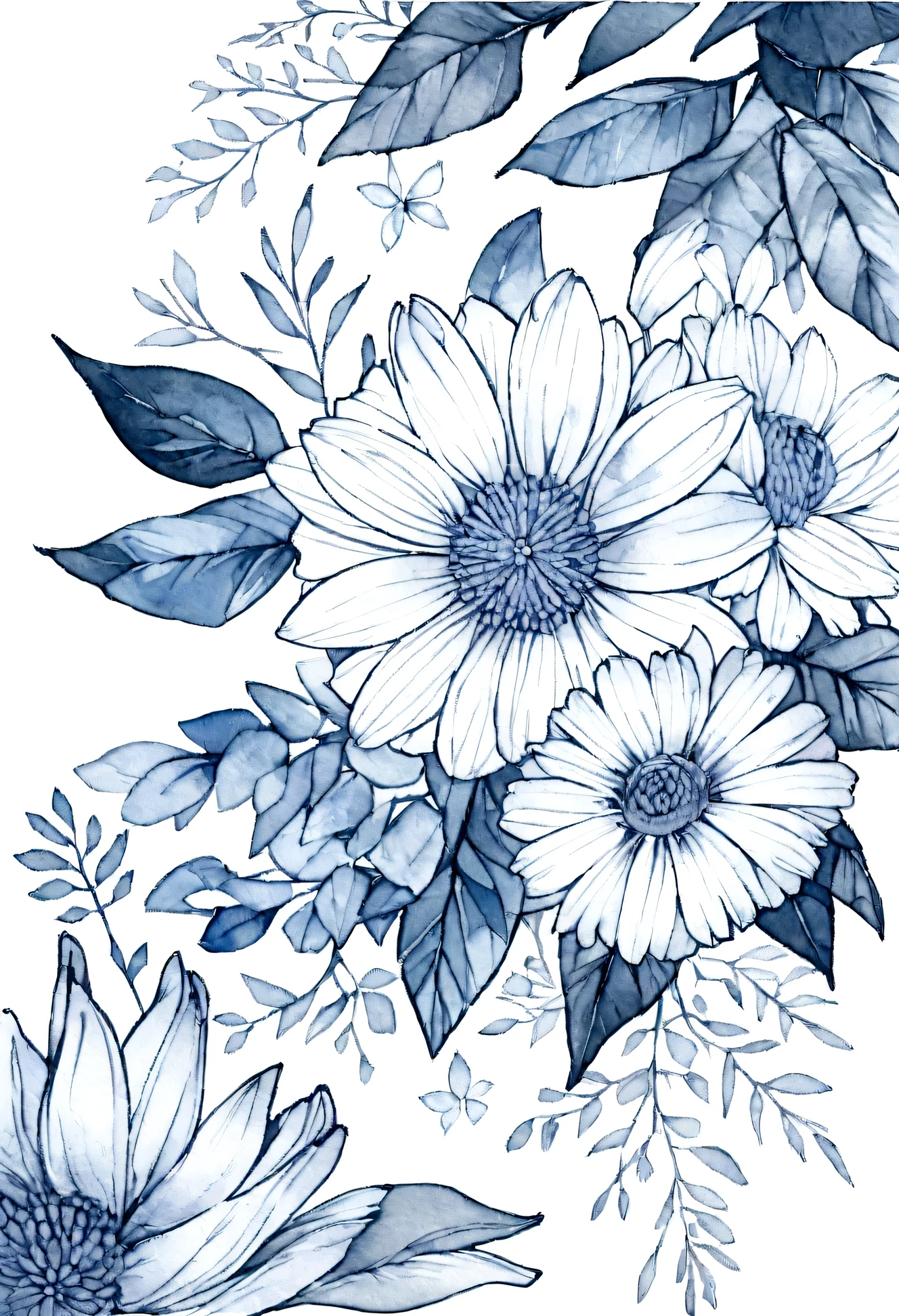 floral wallpaper , flower, beautiful, watercolor style, flower and leaf patterns, muted, indigo, flat illustration, clean, vector image, masterpiece, professional, isometric, bright vector, white background, dry brush, brush strokes. expressive marks. monochrome. minimal. simple.