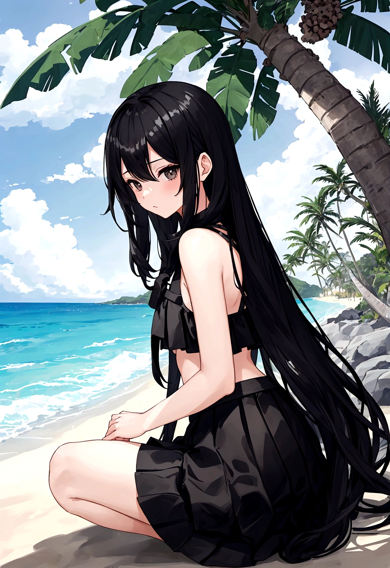 Girl in black skirt,at the seaside,Black long hair girl,National Trend,Beach,Coconut Tree