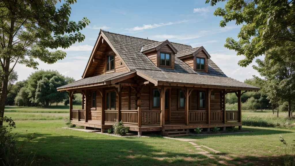 Realistic natural images. There is a wooden house