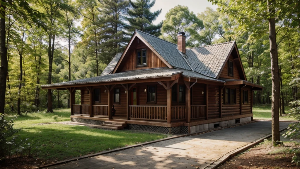 Realistic natural images. There is a wooden house
