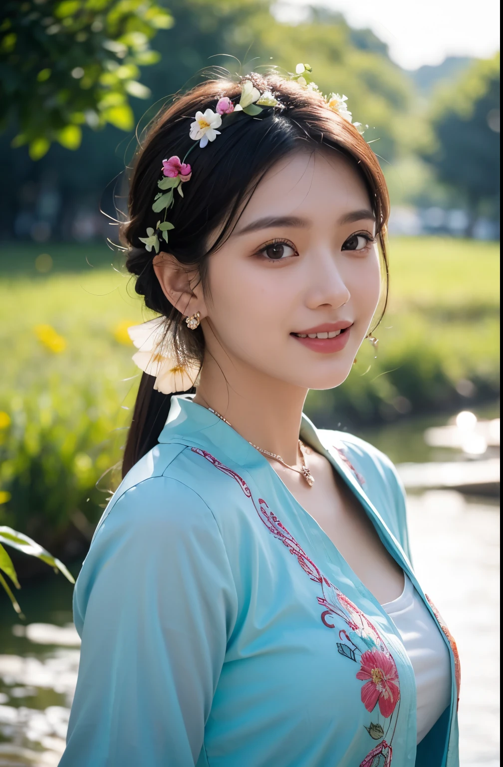 Portrait of lovely woman in bright windy field, River background，watercourse, The fish jumps out of the water，(Backlight),detail， Practical,Upper Body，best quality, detail，Serious, In the shadows, bloom, [[Chromatic Aberration]，Natural skin texture，Look up，Wearing flowers on the head，Tie your hair up，Low-cut，Large Breasts，Deep groin，earrings，necklace，Smile，Transparent Indian Shirt，,Light Blue，Clothes embroidery
