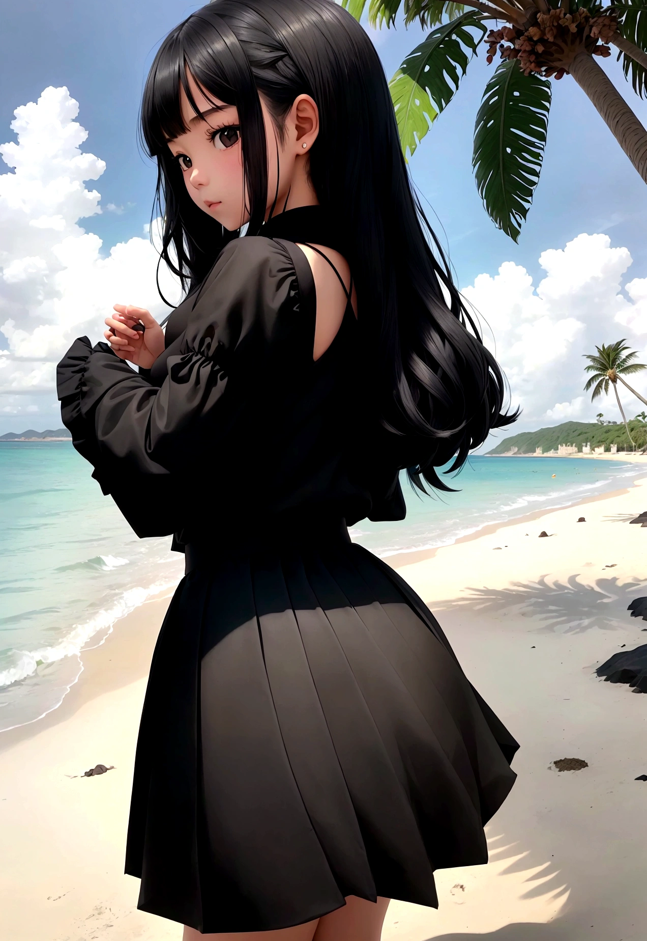 Girl in black skirt,at the seaside,Black long hair girl,National Trend,Beach,Coconut Tree