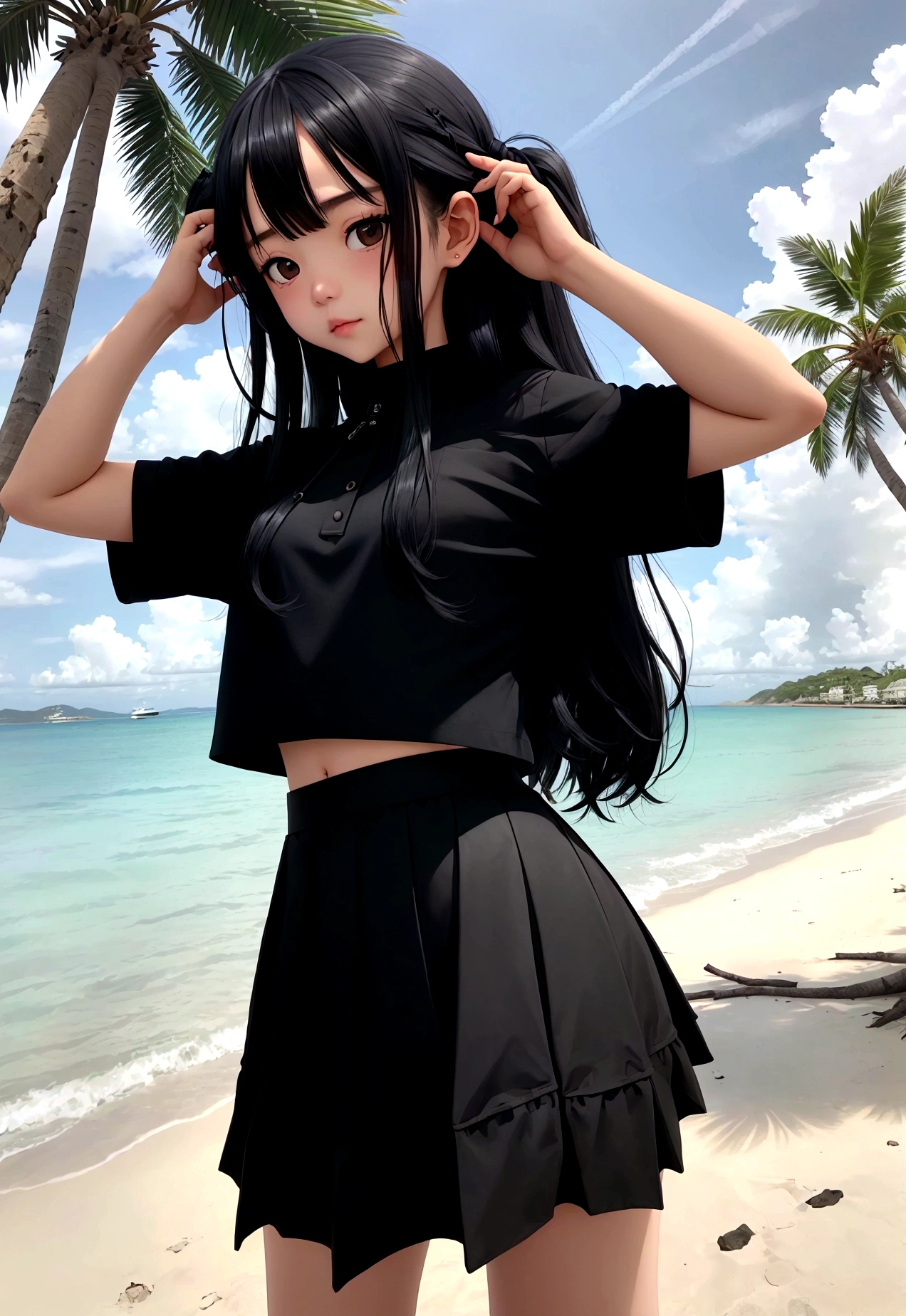 Girl in black skirt,at the seaside,Black long hair girl,National Trend,Beach,Coconut Tree