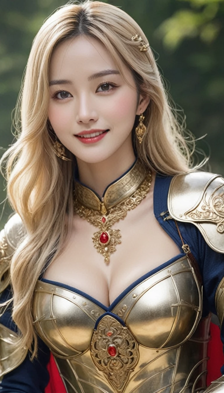 masterpiece,Highest quality,上位のknight,(女性knight_knight:1),(Gold Armor:1.3), (35歳の女性knight:1.3),、Big and ample breasts　Big big cleavage　,Hyper Real,中世ヨーロッパのbattlefieldにいる,Beautiful smile、British women、Delicate skin texture to the smallest detail、Detailed blue eyes　(Very large)、(Beautiful middle-aged woman)、(Fluffy long blonde hair)、Dense and dense skin texture、(((Very large)))、女性knight、(((Big big cleavage)))、Richly decorated golden armor、Golden long boots with flashy decorations、Pure gold and jewellery necklaces and collars、Big gold earrings、Red lips、(((Dressed in gorgeous golden armor)))、Golden Long Globe、((She has a fancy long sword))、The sword is ornately decorated..........................、((The blade is crimson))、(女性knight)、(battlefield)、