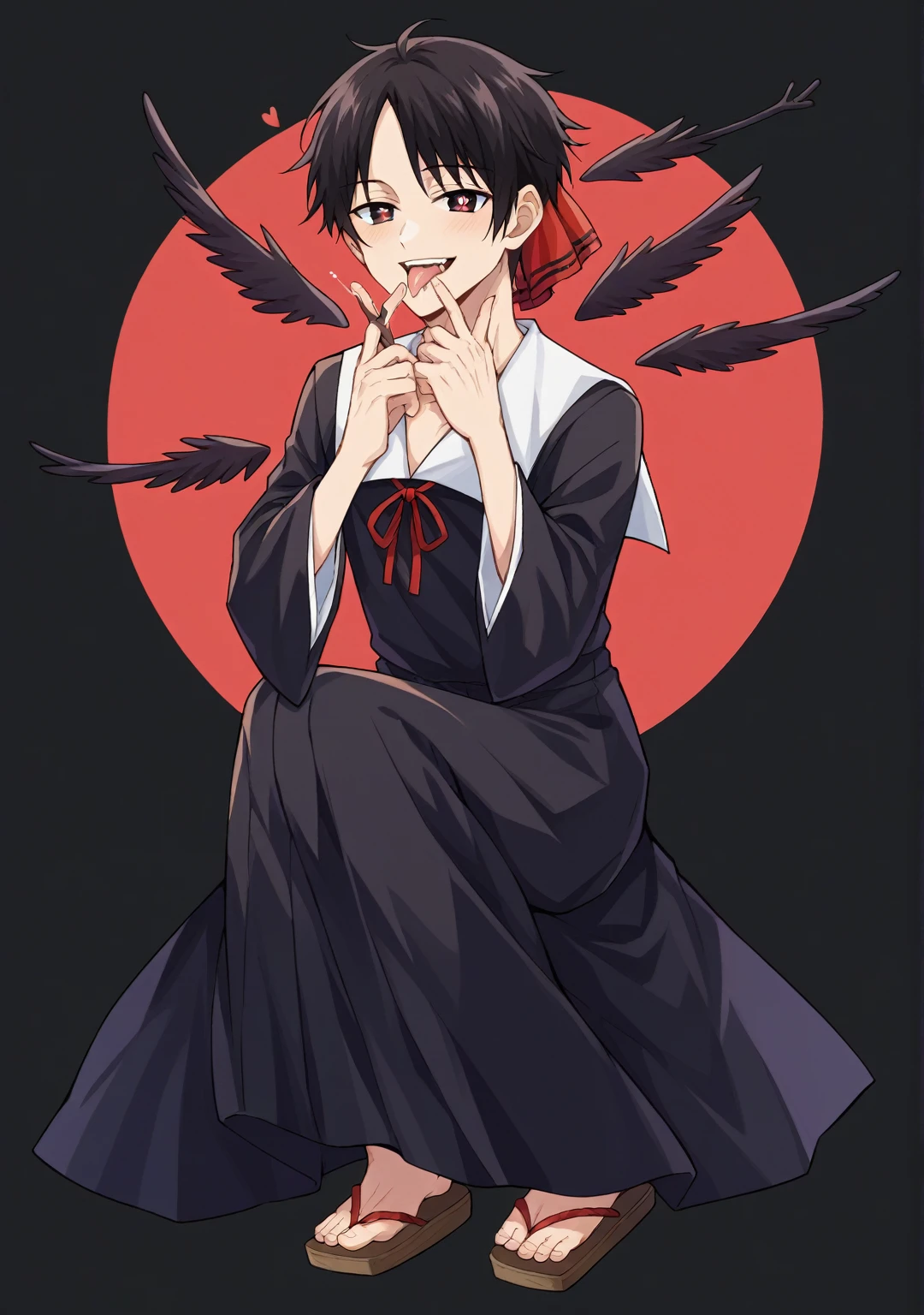 score_9, score_6_climb, source_anime, 1 man, alone, climbper body, Shinomiya Kaguya, conjunctivitis, black hair, black dress, white sailor collar,, Put your hand on your chin., Heart-shaped eyes, no pclimbils, smile softly, tooth, tsurime, black background , stick out your tongue, sexy, saliva, flirt, It has black wings., Hakama style kimono,Thondakar,full body,Show off your chest a little.