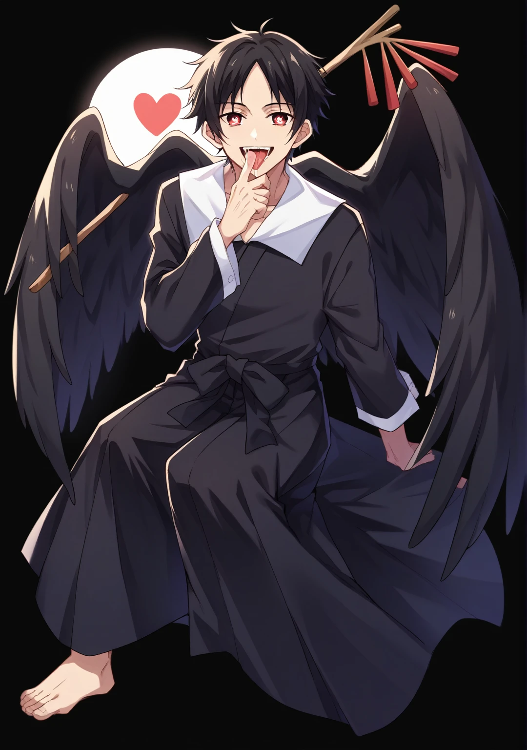 score_9, score_6_climb, source_anime, 1 man, alone, climbper body, Shinomiya Kaguya, conjunctivitis, black hair, black dress, white sailor collar,, Put your hand on your chin., Heart-shaped eyes, no pclimbils, smile softly, tooth, tsurime, black background , stick out your tongue, sexy, saliva, flirt, It has black wings., Hakama style kimono,Thondakar,full body,Show off your chest a little.