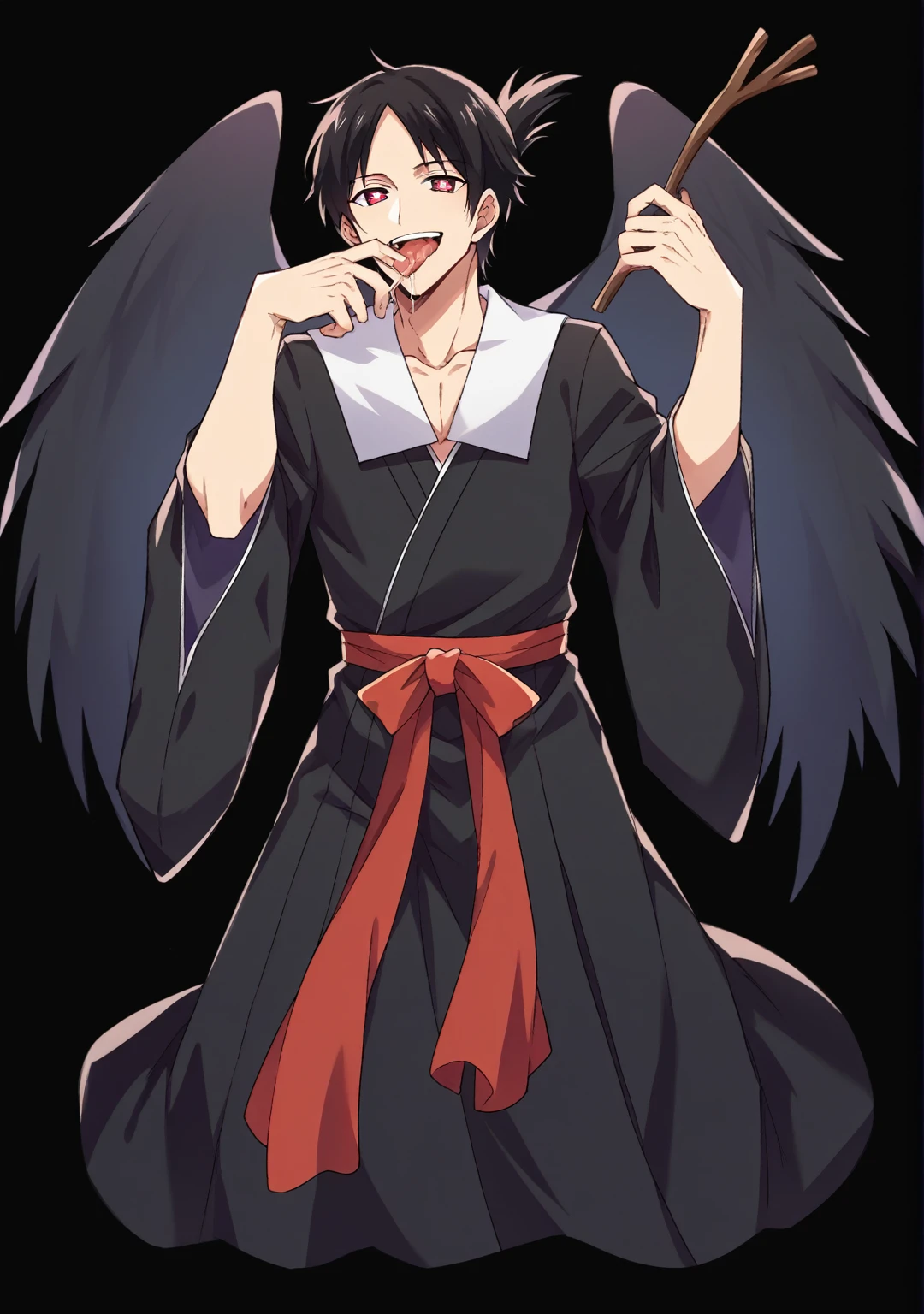 score_9, score_6_climb, source_anime, 1 man, alone, climbper body, Shinomiya Kaguya, conjunctivitis, black hair, black dress, white sailor collar,, Put your hand on your chin., Heart-shaped eyes, no pclimbils, smile softly, tooth, tsurime, black background , stick out your tongue, sexy, saliva, flirt, It has black wings., Hakama style kimono,Thondakar,half body 