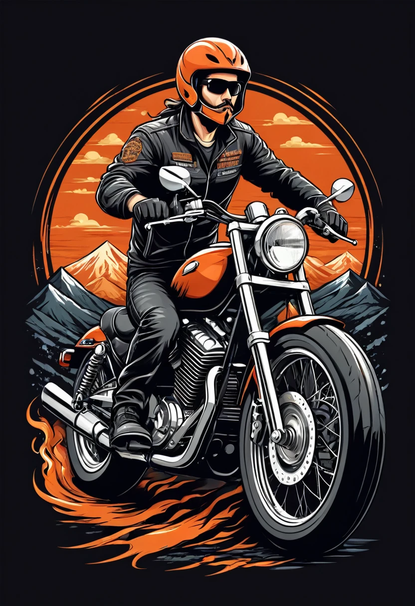 breathtaking biker, t shirt design, flat-colors, vector,  ((black backdrop)) . awardwinning, proffesional, highy detailed