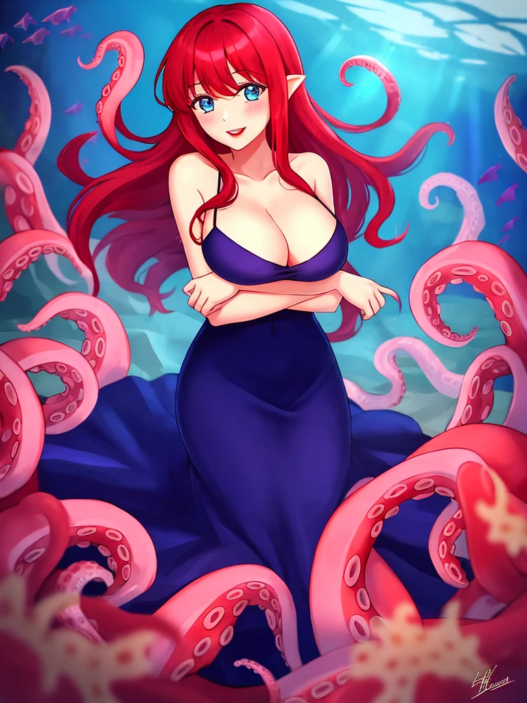 1girl, scylla, tentacles below waistline, tentacles, suction cups, fused, full body, large breast, blue eyes, red hair, long hair, gown dress, red lips, smile, blush, happy face, underwater,