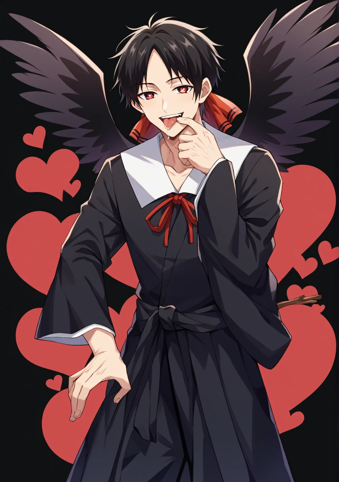 score_9, score_6_climb, source_anime, 1 man, alone, climbper body, Shinomiya Kaguya, conjunctivitis, black hair, black dress, white sailor collar,, Put your hand on your chin., Heart-shaped eyes, no pclimbils, smile softly, tooth, tsurime, red background , stick out your tongue, sexy, saliva, flirt, It has black wings., Hakama style kimono