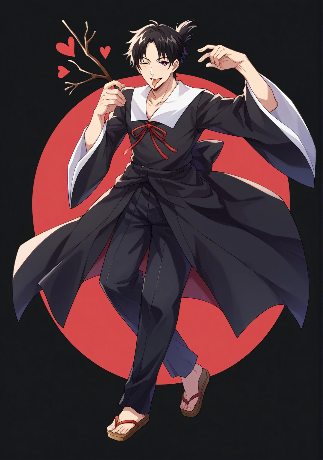 score_9, score_6_climb, source_anime, 1 man, alone, climbper body, Shinomiya Kaguya, conjunctivitis, black hair, black dress, white sailor collar,, Put your hand on your chin., Heart-shaped eyes, no pclimbils, smile softly, tooth, tsurime, black background , stick out your tongue, sexy, saliva, flirt, It has black wings., Hakama style kimono,Thondakar,full body,