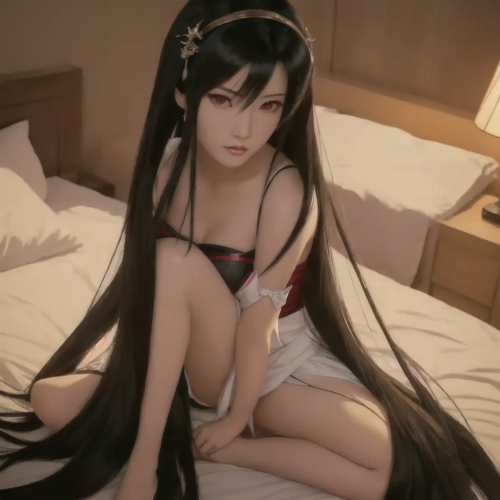 Alafed asian woman with long black hair sitting on bed, Enchanting anime girl, anime girl Cosplay, Japanese Goddess, Captivating portrait of Tifa Lockhart, Anime characters; Full Body Art, Anime girl crouching, Tohsaka Rin, Cosplay, Trending on cgstation, nezuko-chan, Anime Goddess, Trending on cgstation