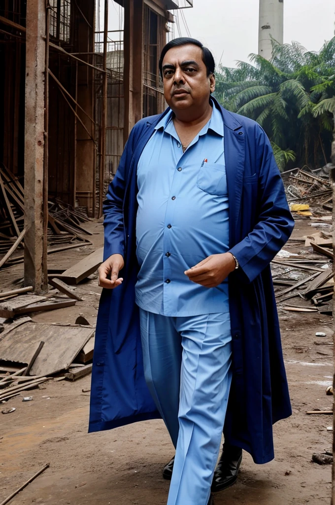 Man, Indian, Fat, Chubby, 50 year old, wearing eye glasses, shirtless, take off shirt, wearing a clear color raincoat, wet, stained, Working, Carpenters, abandoned building in slum, Sitting, sharp picture, beautiful light.