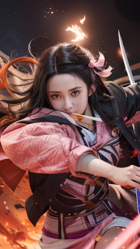 anime girl with a green tape around her mouth and mouth, nezuko-chan, nezuko, demon slayer rui fanart, kimetsu no yaiba, demon slayer artstyle, by Shingei, 🍁 cute, anime visual of a cute girl, handsome guy in demon slayer art, sakura haruno in slug sage mode