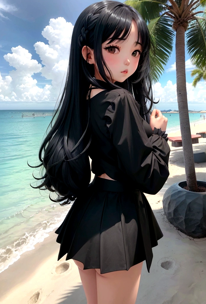 Girl in black skirt,at the seaside,Black long hair girl,National Trend,Beach,Coconut Tree