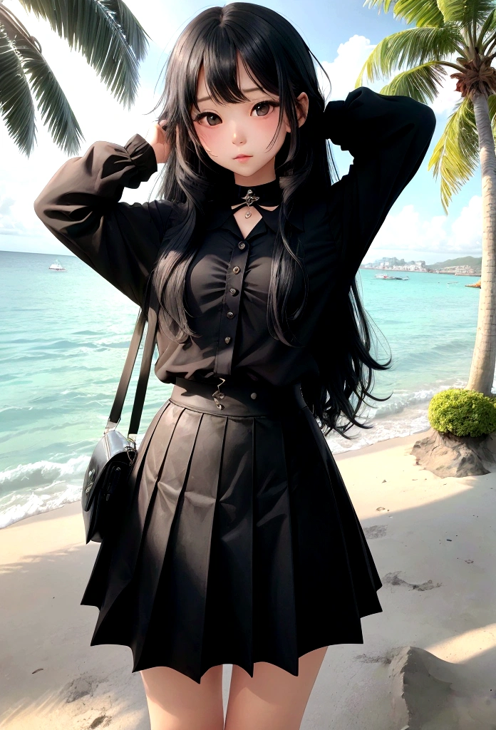 Girl in black skirt,at the seaside,Black long hair girl,National Trend,Beach,Coconut Tree