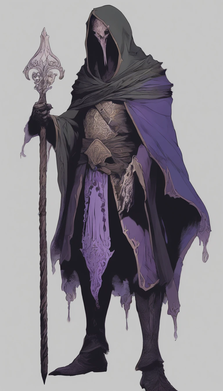 Mind flayer,Inspired by Dungeons & Dragons,Full body concept art illustration of Mind Flayer。The character has human-like proportions,tall、slim and muscular。The character has 4 tentacles extending from its chin,Light purple skin,Almost Blue。The character is dressed in exquisite、Luxurious black academic robes and ornate leather boots。Background is blank
