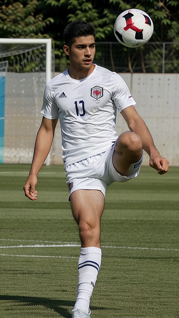 guy, soccer player, 25 years old, Peruvian nationality, full-length, in motion, kicking a soccer ball with one foot, wearing a white T-shirt and white shorts, excellent quality, T-shirt and white shorts, excellent quality, athletic body , high detail, half profile