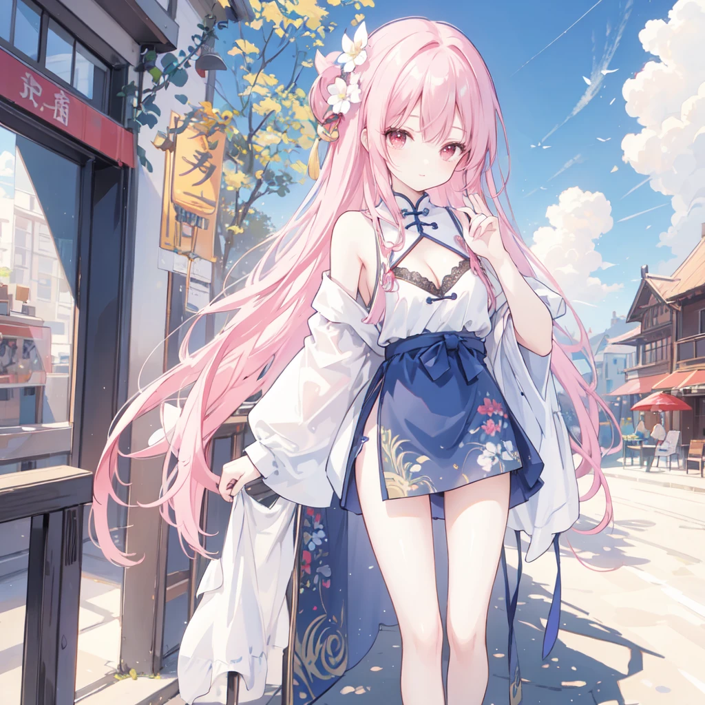 (best quality), masterpiece, Extremely detailed CG8K painting, high color, Extremely high color saturation, All colors are deepened, central composition, Extremely detailed light and shadow, The face and eyes are very detailed, medium length hair, sportswear, colorful clouds，beautiful nature，landscape，cheongsam，Chinese hairstyle，red eyes，Medium breasts，Long legs are exposed，Show cleavage，Clothes with holes in the chest