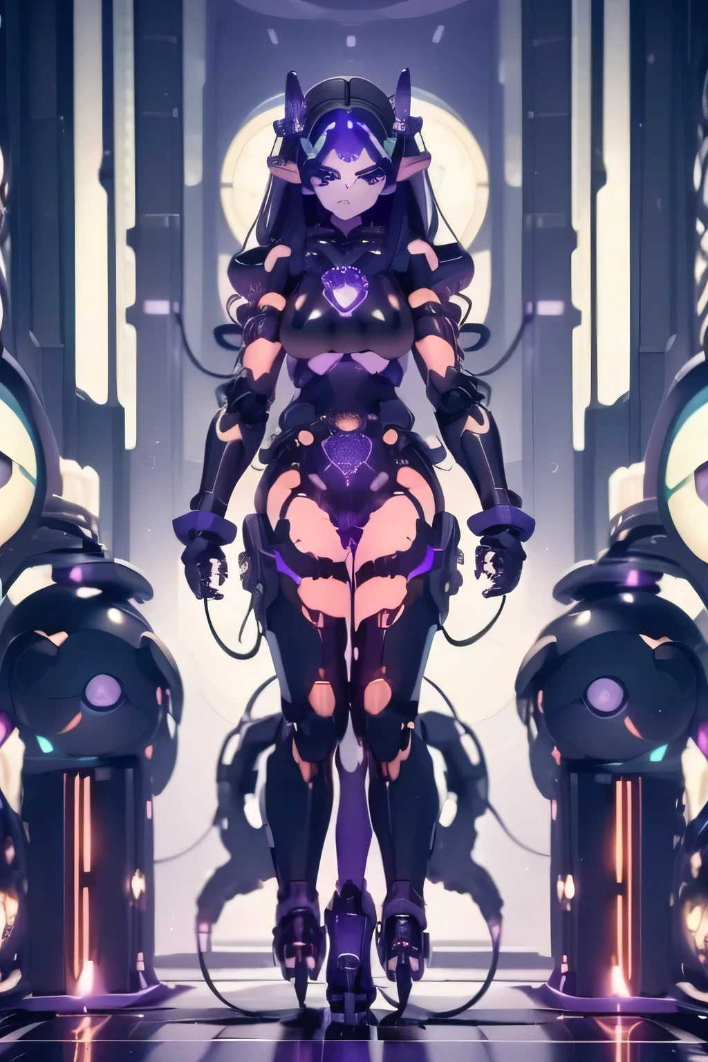 feminine, (Women), (black hair), full body suit, tight, (ANDROID), (circular buttons on the torso), (purple eyes), (violets), (laboratory), (cables connected to it), (long black fur), (robotic body), Hollow Eyes, (Eyes glow red :1.4)), 1 girl, NSFW, Big Breasts, SF, anime, anime style, UHD, 4K, 8k