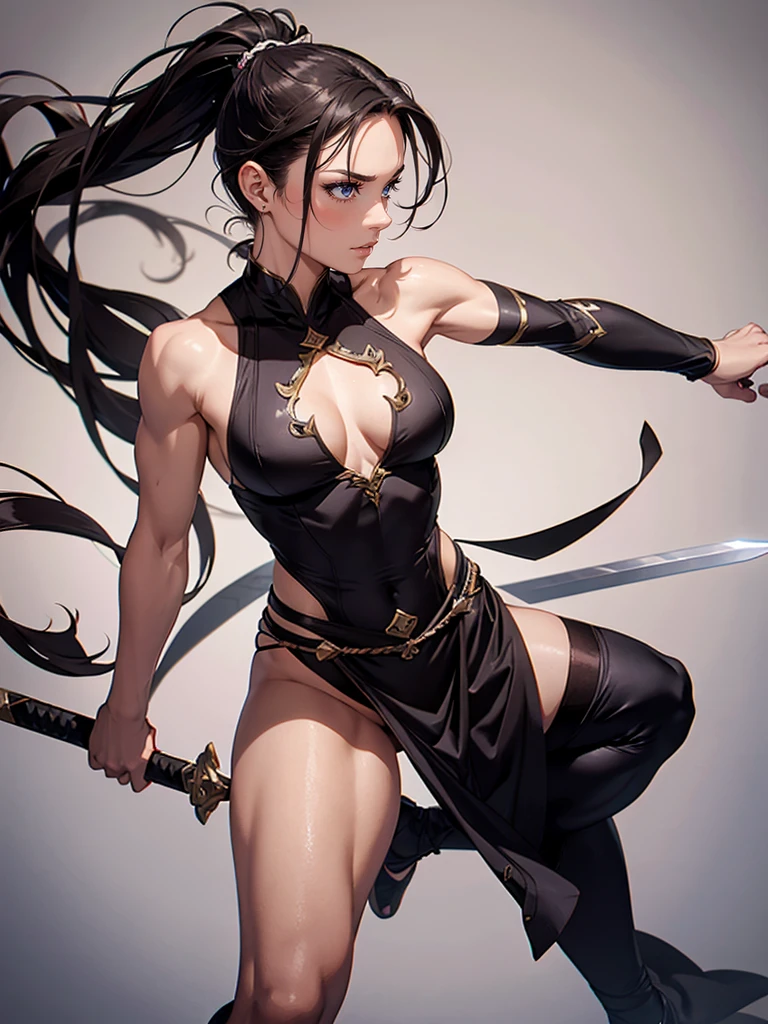 Muscular female, full body, ponytail, makeup , best quality, blade dancer, sect princess, cultivator, floating swords, full body, character sheet, elegent clothing, flowing clothing