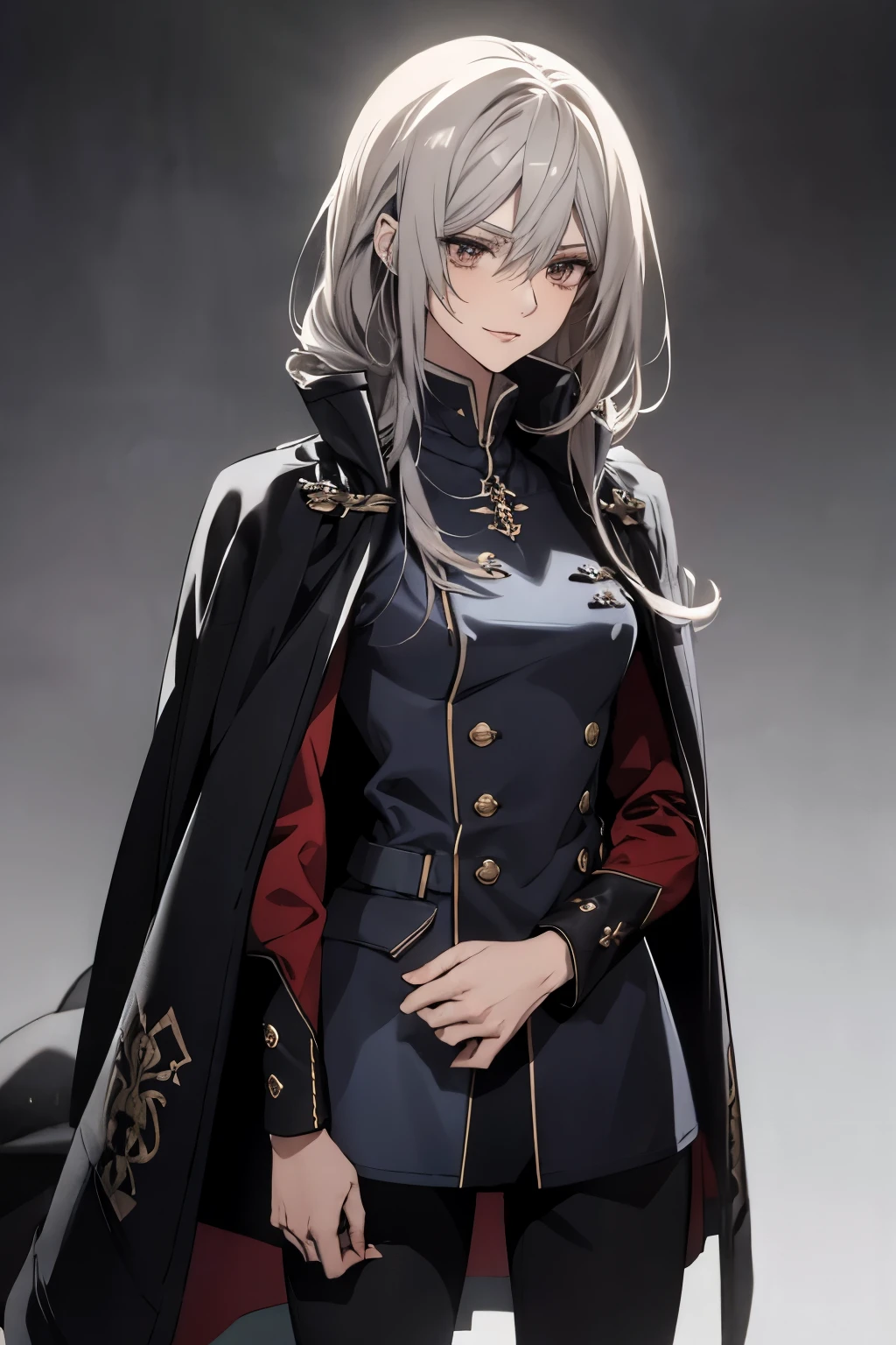 (Confused, High resolution, Very detailed), 1 female, Silver Hair,Long Hair,Reddish brown eyes,Blue and black military uniform,24th generation,beauty,mature,thin,quiet,Calm,A small smile,Long Cape,Slender and thin,Knee-high boots,skinny pants,Hanger,Small breasts,thin身体,Are thin