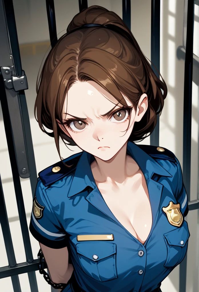 masterpiece, best quality, mature woman, mature face, trimmed hairstyle, brunette hair, mature face, hot face, sharp eyes, medium breasts, curvy body, hazel eyes, police outfit, looking at viewer, tough appearance, prison cell, jail cell, (looking serious), pissed off face, glaring eyes, angry expression, (chained up, restrained)