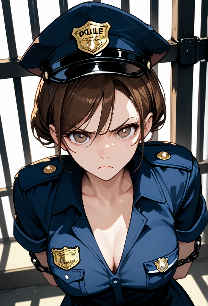 masterpiece, best quality, mature woman, mature face, trimmed hairstyle, brunette hair, mature face, hot face, sharp eyes, medium breasts, curvy body, hazel eyes, police outfit, looking at viewer, tough appearance, prison cell, jail cell, (looking serious), pissed off face, glaring eyes, angry expression, (chained up, restrained)