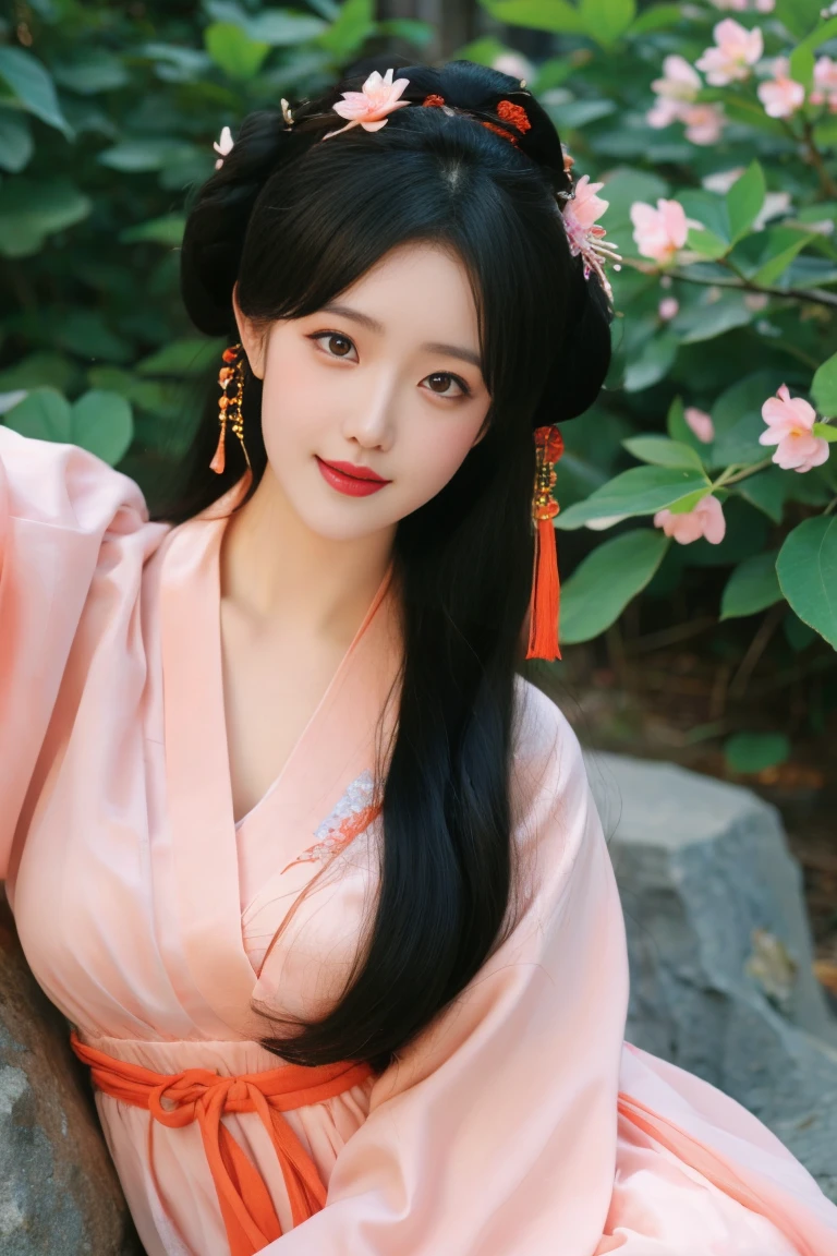 best quality, tmasterpiece,Ultra-high resolution,Clear face,(Reality:1.4),ferpect lighting,(full body photo), (photorealistic:1.50), anime wallpaper, Guviz style artwork, cover-up fantasy up to magic , by Yang J, Guviz, beautiful artwork illustration, beautiful digital artwork, beautiful digital illustration, Li Song, beautiful anime portrait, art style in Beauvot, 1girl, 独奏, yellow eyes, Double eyelids, Blush, Cheeks flushed, 24yo chinese female,
Hanfu-song, Hanfu, song theme, chinese clothes, multicolored dress,
jewelry, flower earrings, hair ornament, necklace, hair flower,
long hair, single hair bun, updo, hair up,
looking at viewer, light smile, full body, sitting on rock, adjusting hair,
flower, photo background, outdoors, butterfly, tree, peach blossom, wind, falling petals,