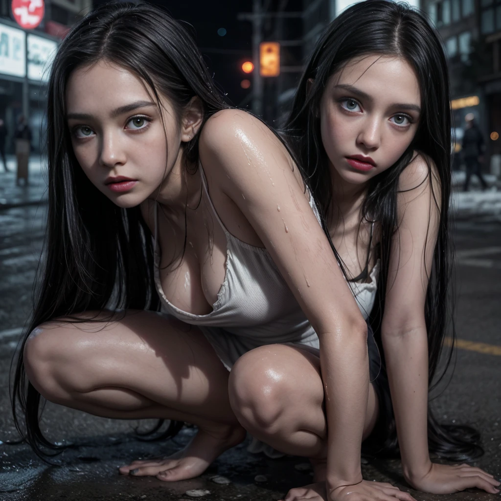 photorealistic, 1girl, detailed face, detailed eyes, detailed lips, beautiful long black hair, barefoot, white dress, black stockings, post-apocalyptic city environment, night scene, zombies, wet, confused expression