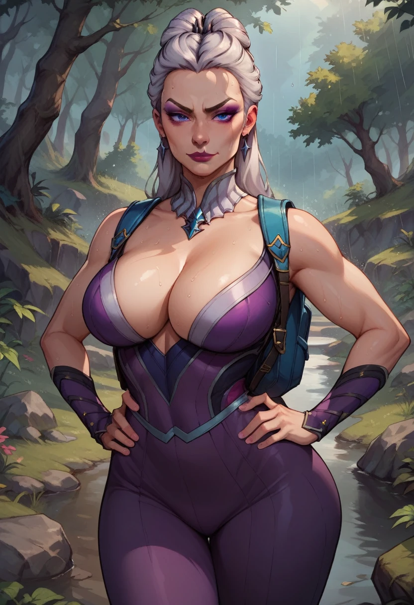 score_9, score_8_up, score_7_up, score_6_up, BREAK Sindel, backpack, cleavage, big breasts, seductive smirk, hands holding own hips, sweating, wide hips, big ass, in a forest, raining, frontal shot