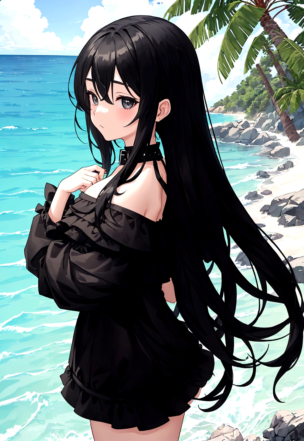 Girl in black swimsuit,at the seaside,Black long hair girl,National Trend,Beach,Coconut Tree,whole body,Vision