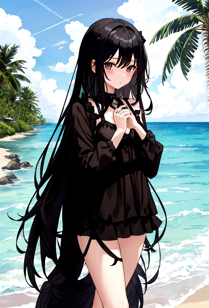 Girl in black skirt，at the seaside，Black long hair girl，National Trend，Beach，Coconut Tree