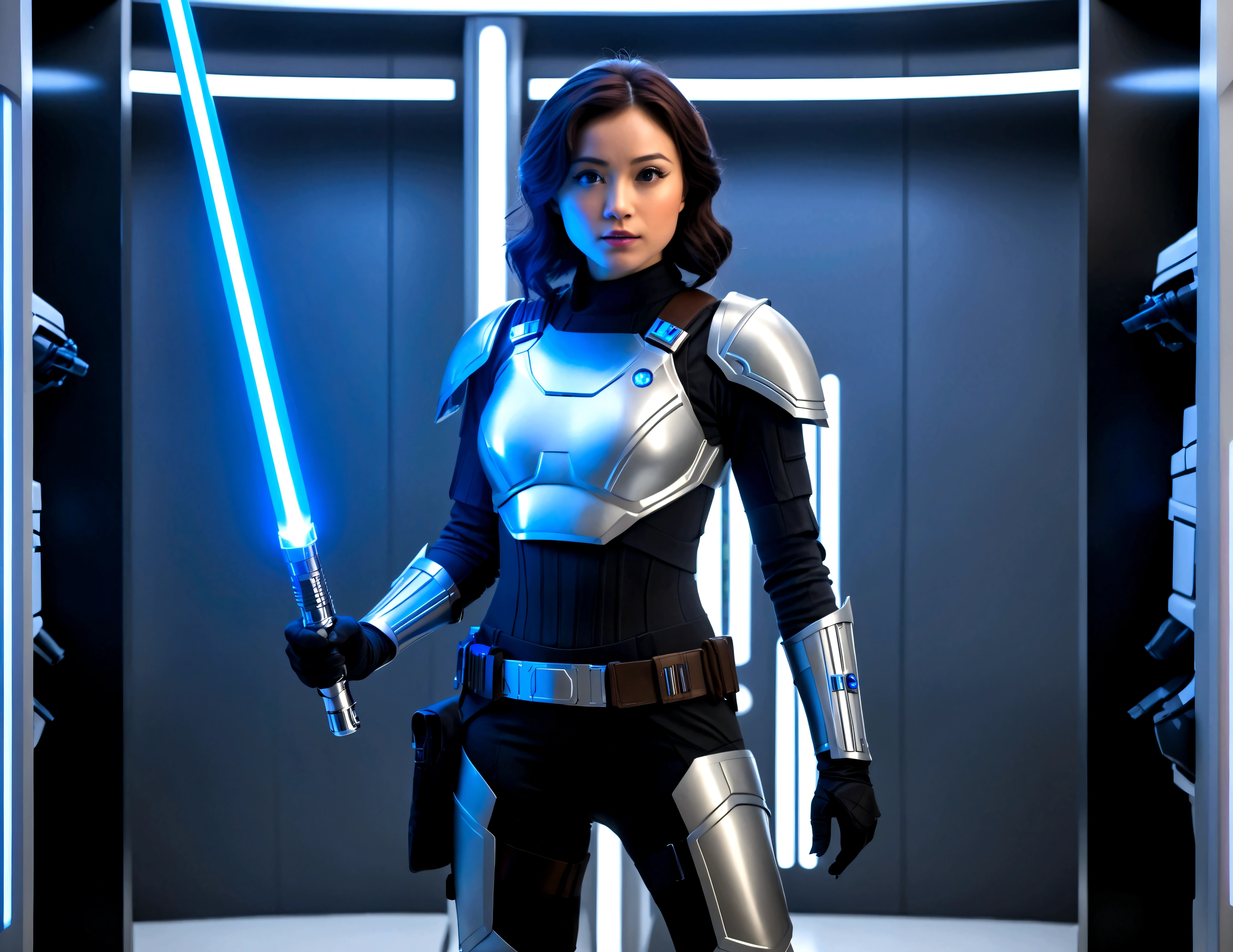 A cute woman (sci fi outfit, tight fitting body armor, wielding a blue light saber) behind her is a rack with various weapons and costume pieces