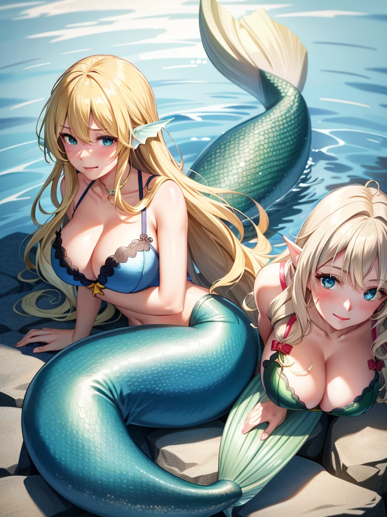 mermaid, blonde hair, long hair, wavy hair, blue eyes, red lips, smile, blush, large , bra, underwater, green mermaid, mermaid tail, 