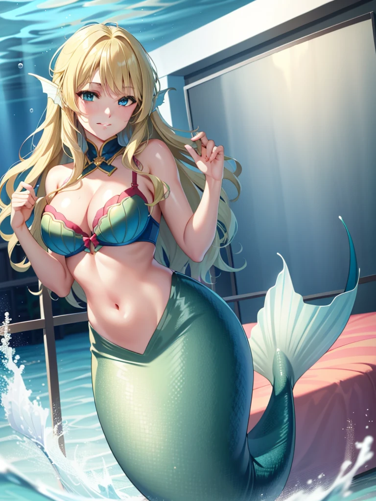 mermaid, blonde hair, long hair, wavy hair, blue eyes, red lips, smile, blush, large , bra, underwater, green mermaid, mermaid tail,