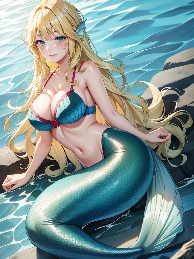 mermaid, blonde hair, long hair, wavy hair, blue eyes, red lips, smile, blush, large breasts, bra, underwater, green mermaid, mermaid tail, 