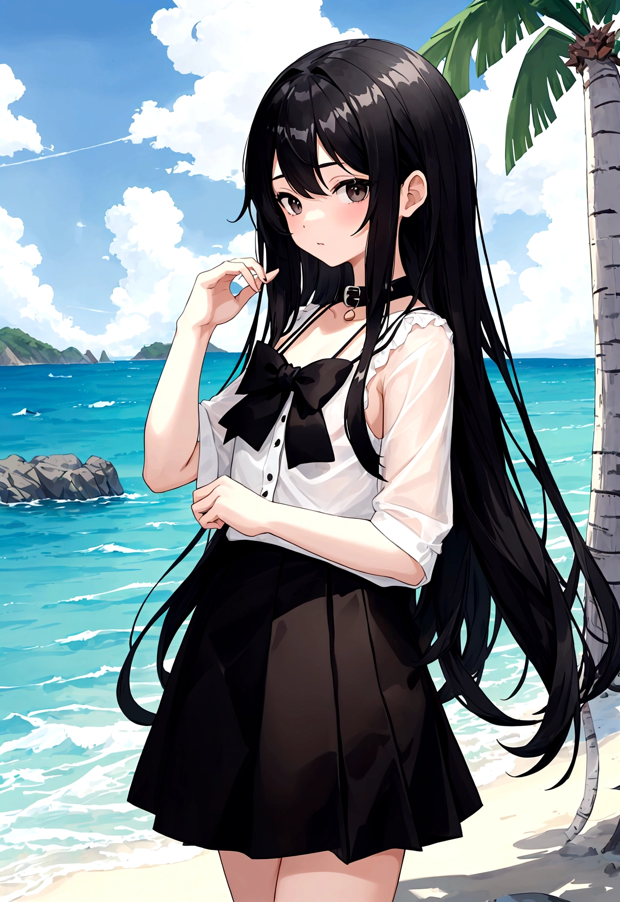 Girl in black skirt，at the seaside，Black long hair girl，National Trend，Beach，Coconut Tree